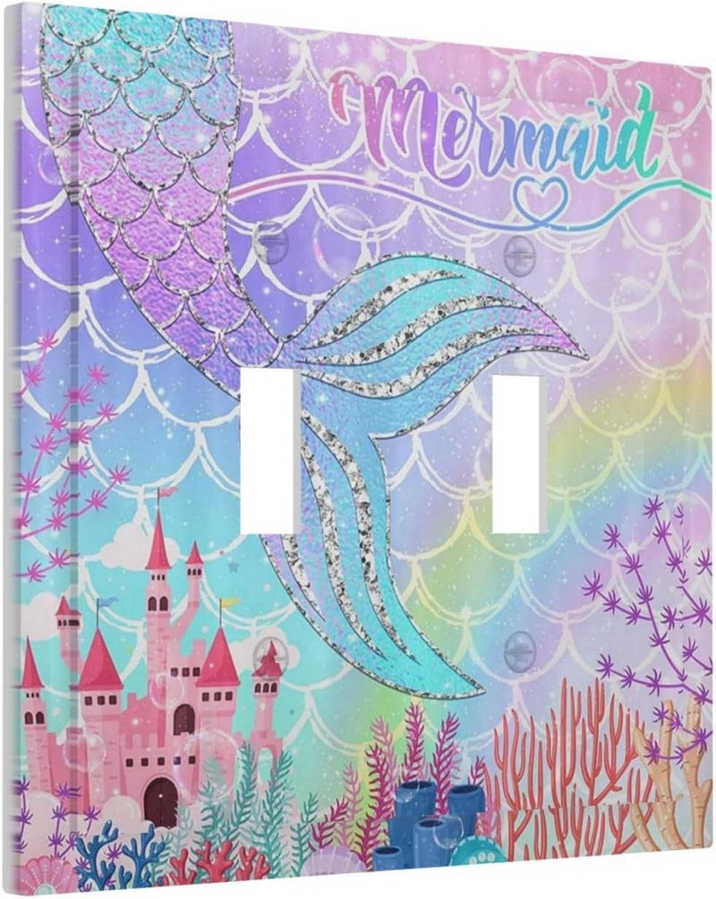 Sghxwp Silvery Glitter Cute Mermaid Tail Fantasy Castle Double Toggle Light Switch Covers 2 Gang Wall Plate Dual Decorative Switchplate Electrical Faceplate for Kidroom Nursery Bedroom Kitchen Decor - Image 2